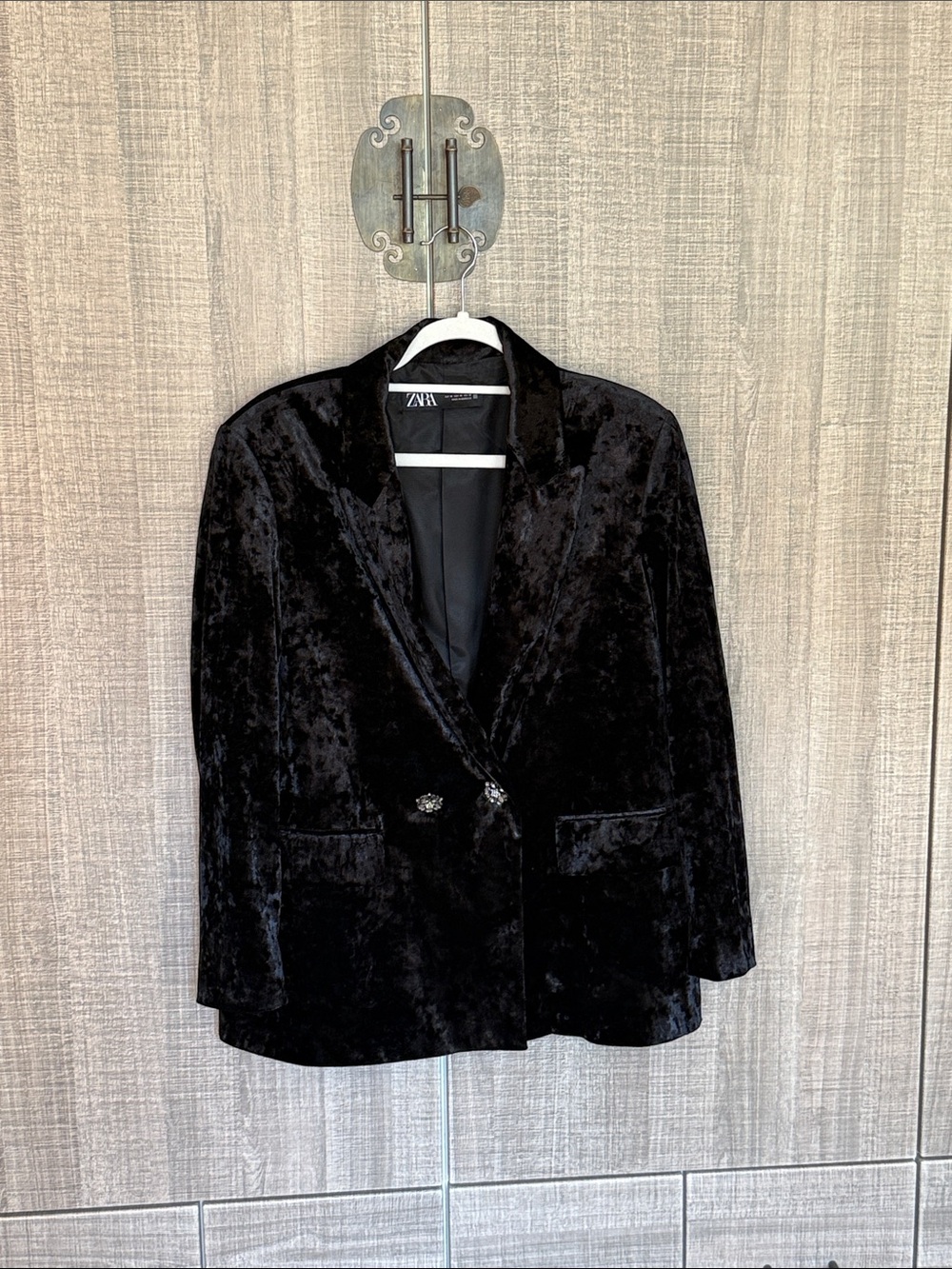 ZARA Black Velvet Blazer with Crystal Buttons